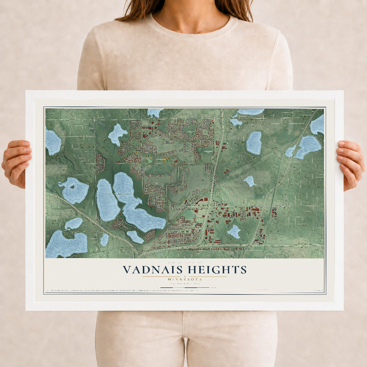 Map of Vadnais Heights, Minnesota, 12 x 18 inch print in a white wood frame