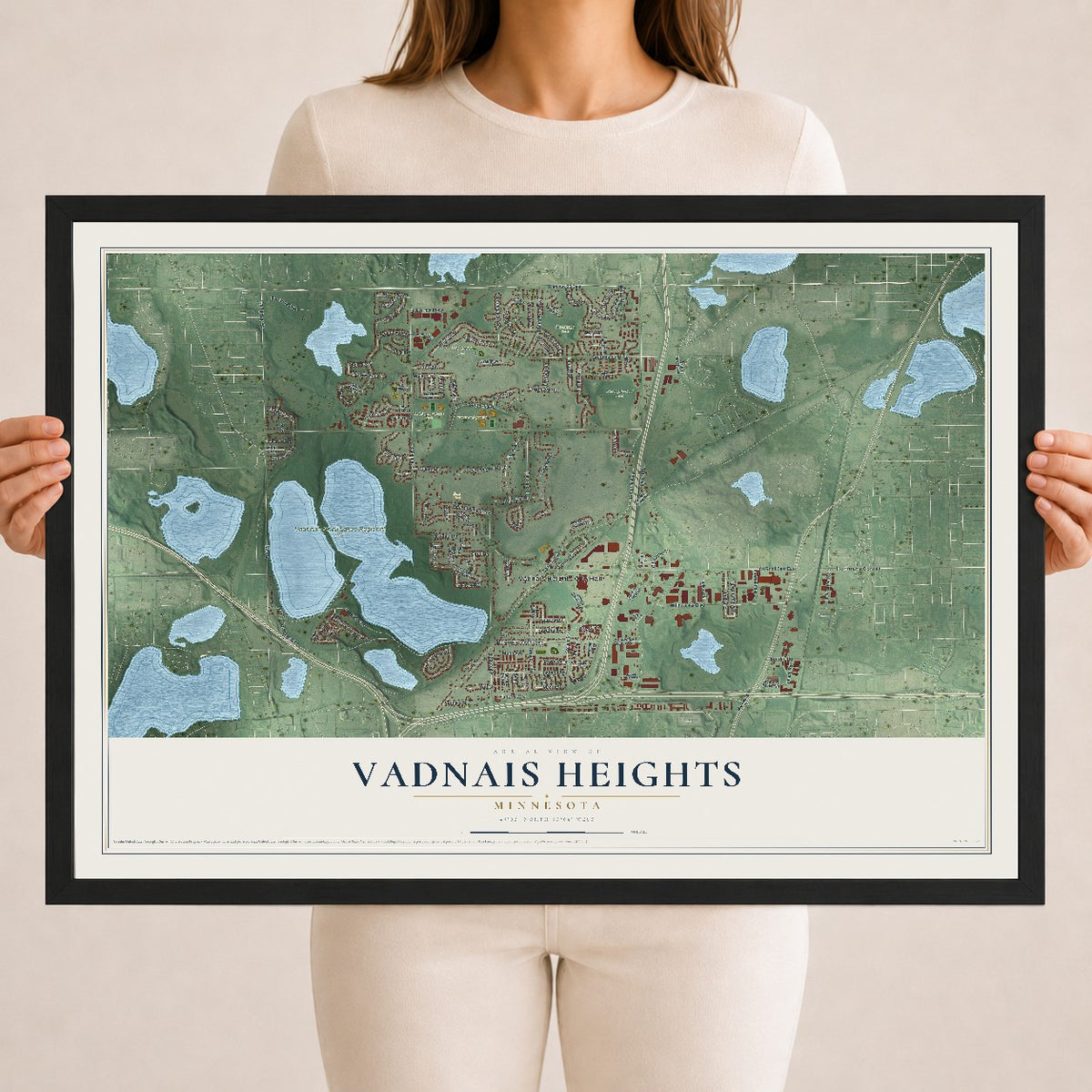 Map of Vadnais Heights, Minnesota, 18 x 24 inch print in a black wood frame