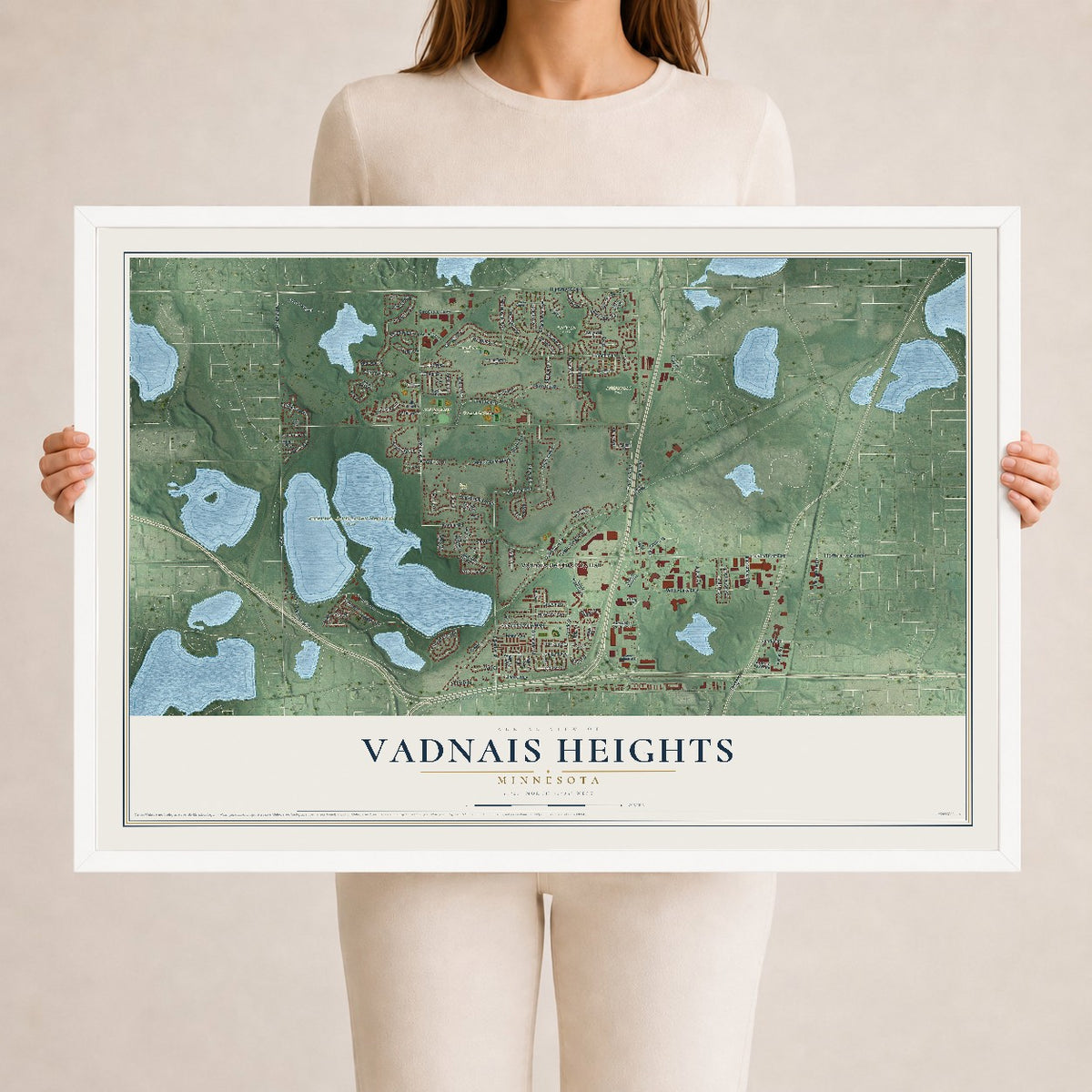 Map of Vadnais Heights, Minnesota, 24 x 36 inch print in a white wood frame
