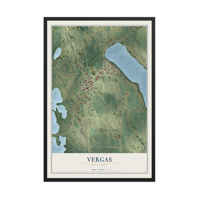 Map of Vergas, Minnesota, 12 x 18 inch print in a black wood frame