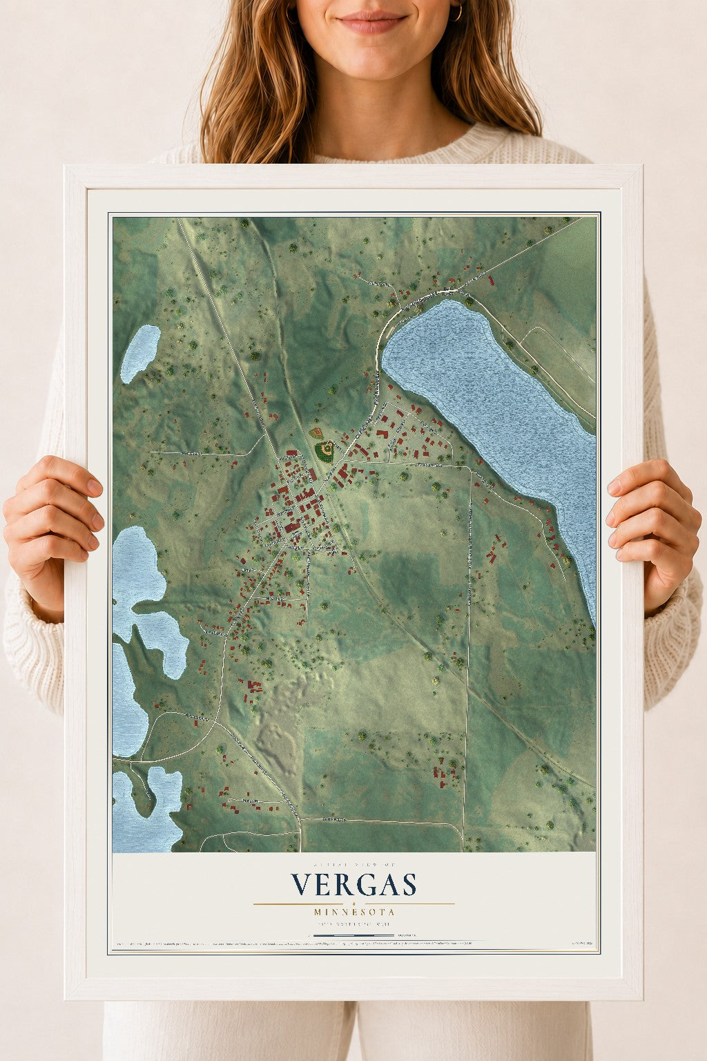 Map of Vergas, Minnesota, 18 x 24 inch print in a white wood frame