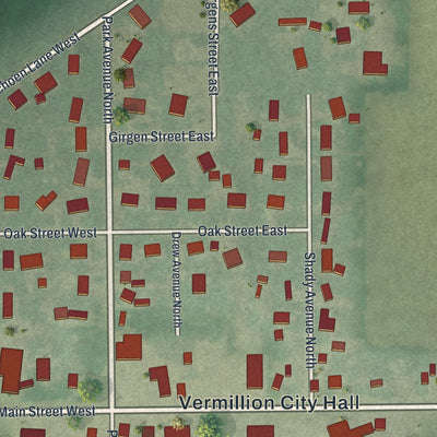Close-up of the map of Vermillion, Minnesota print showing street and building detail