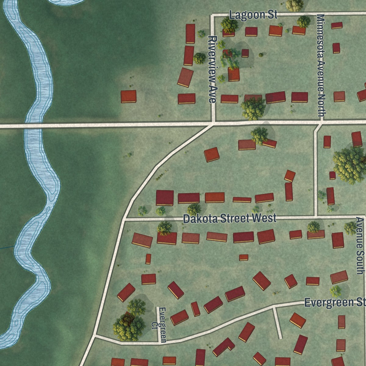Second close-up of the map of Vermillion, Minnesota print showing more streets and buildings