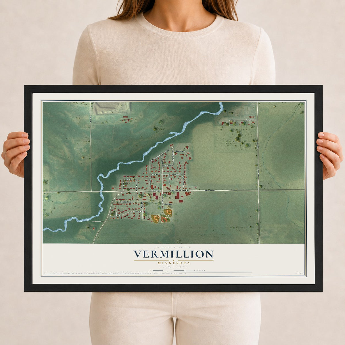 Map of Vermillion, Minnesota, 12 x 18 inch print in a black wood frame