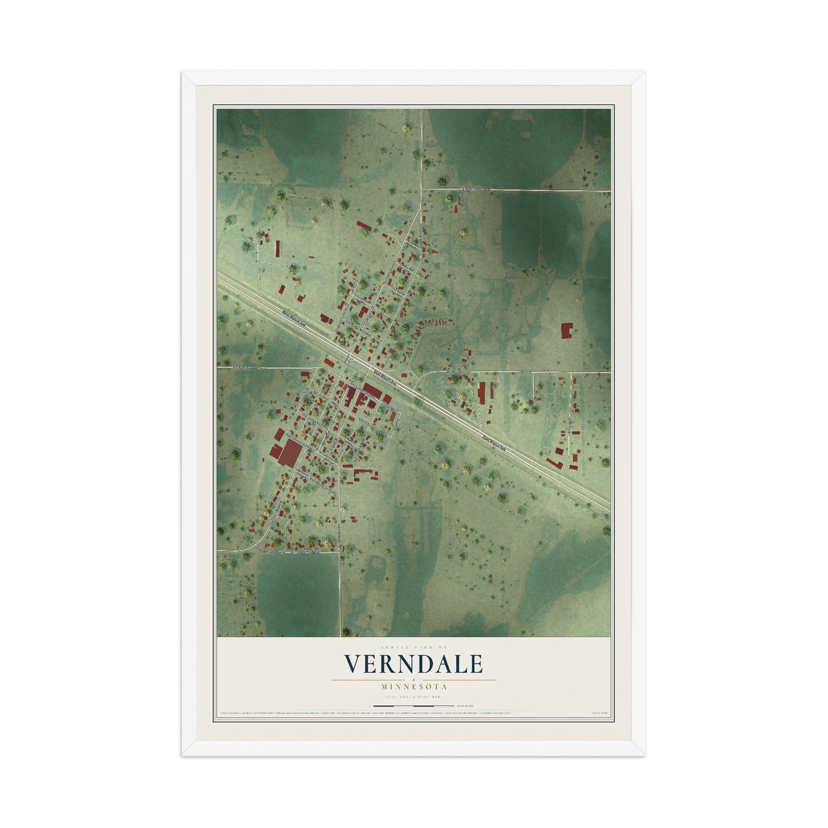 Map of Verndale, Minnesota, 12 x 18 inch print in a white wood frame