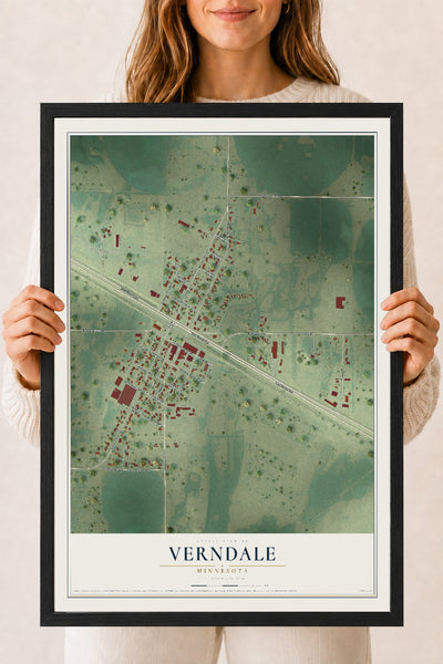 Map of Verndale, Minnesota, 18 x 24 inch print in a black wood frame
