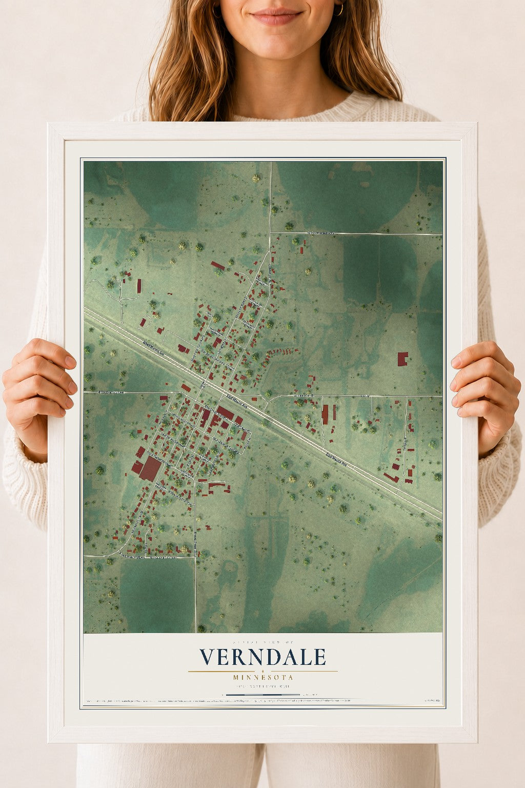 Map of Verndale, Minnesota, 18 x 24 inch print in a white wood frame