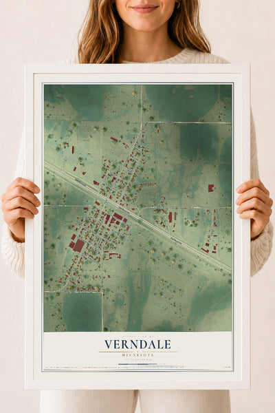 Map of Verndale, Minnesota, 18 x 24 inch print in a white wood frame