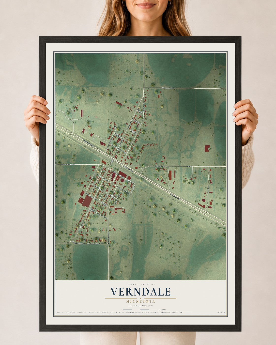 Map of Verndale, Minnesota, 24 x 36 inch print in a black wood frame
