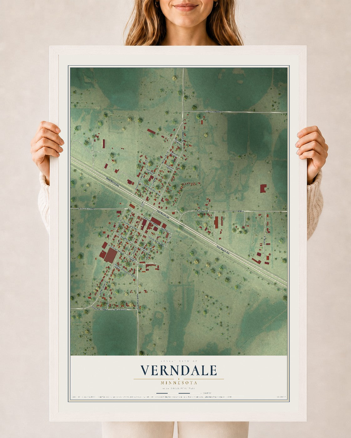 Map of Verndale, Minnesota, 24 x 36 inch print in a white wood frame