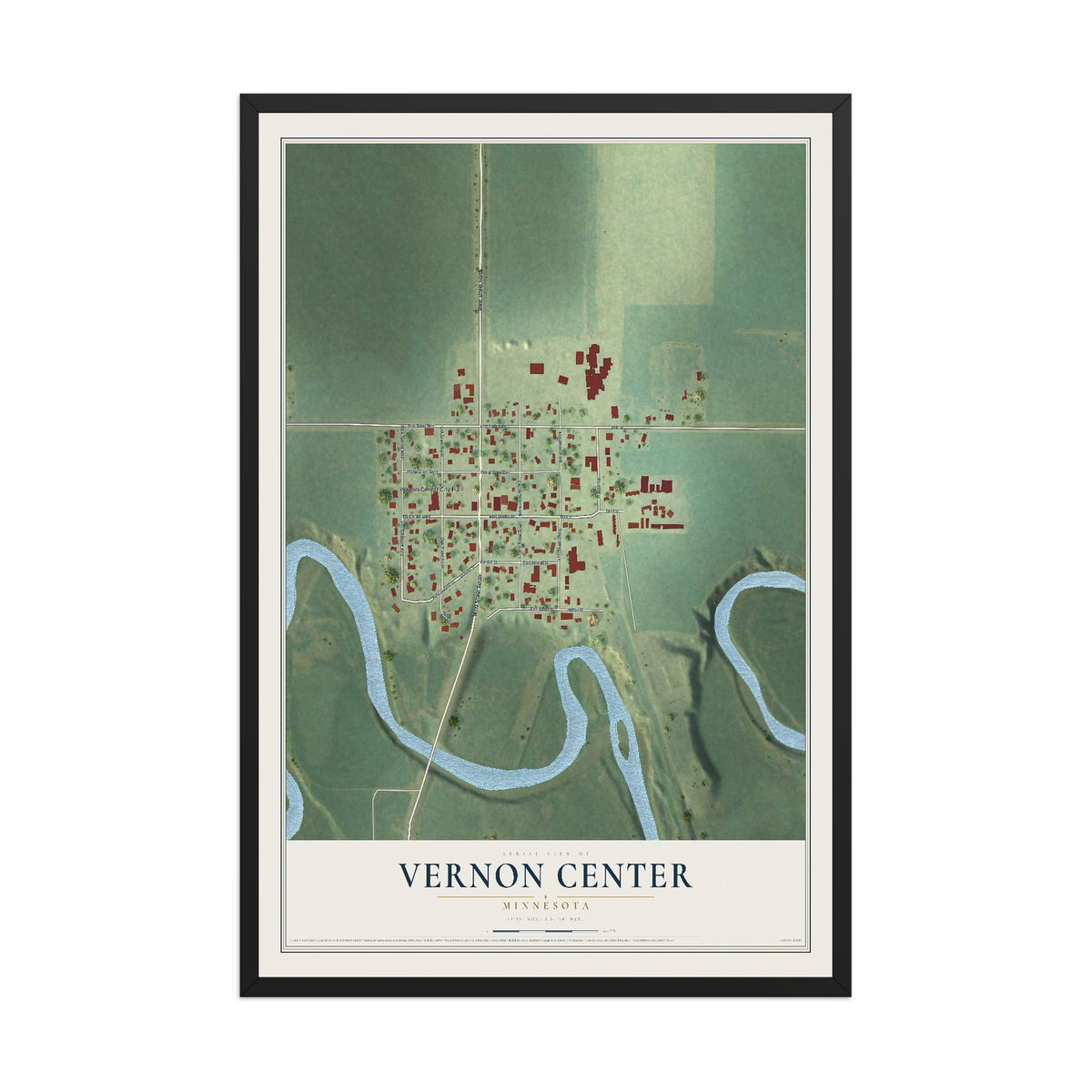 Map of Vernon Center, Minnesota, 12 x 18 inch print in a black wood frame