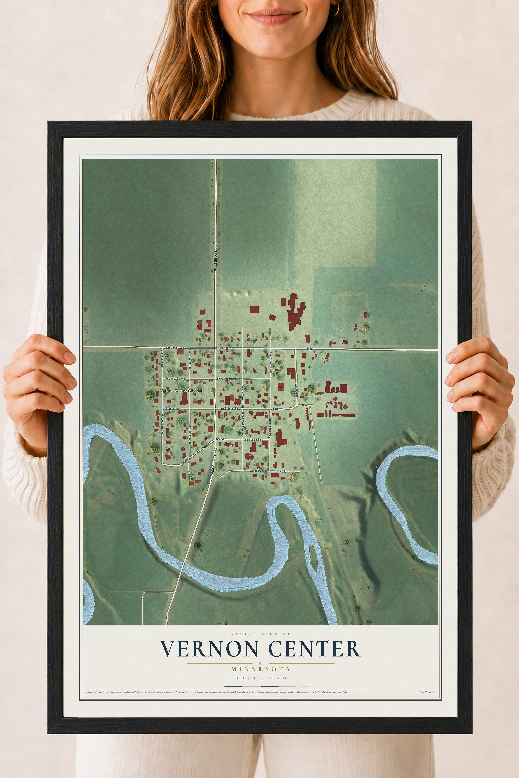 Map of Vernon Center, Minnesota, 18 x 24 inch print in a black wood frame