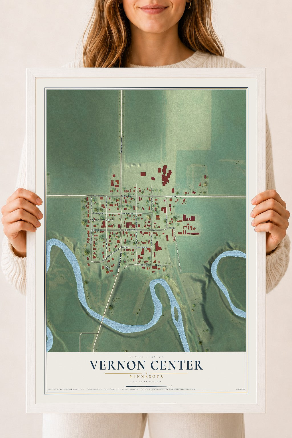 Map of Vernon Center, Minnesota, 18 x 24 inch print in a white wood frame