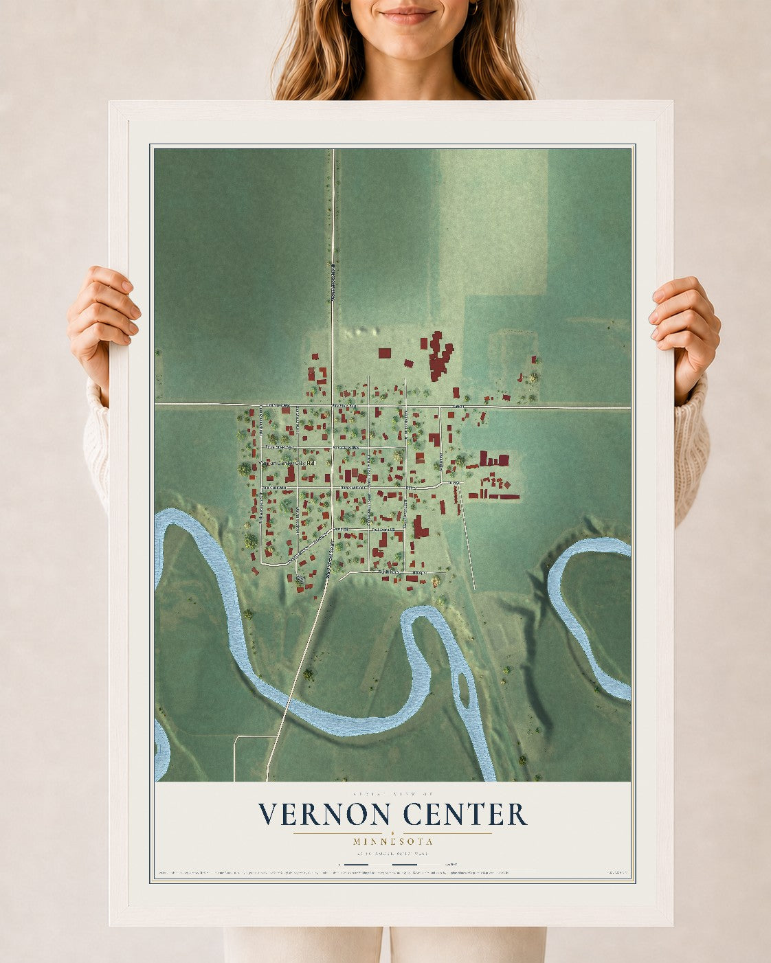 Map of Vernon Center, Minnesota, 24 x 36 inch print in a white wood frame