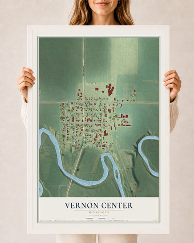 Map of Vernon Center, Minnesota, 24 x 36 inch print in a white wood frame