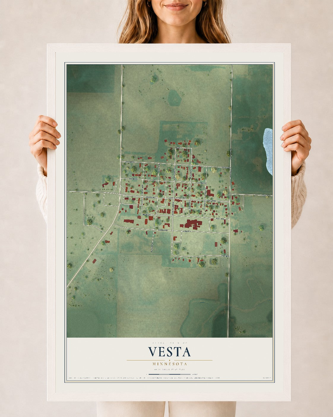 Map of Vesta, Minnesota, 24 x 36 inch print in a white wood frame