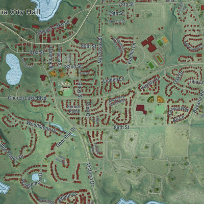 Close-up of the map of Victoria, Minnesota print showing street and building detail