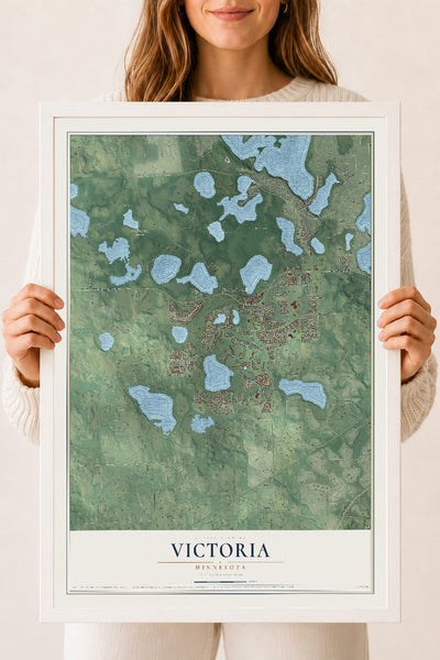Map of Victoria, Minnesota, 18 x 24 inch print in a white wood frame