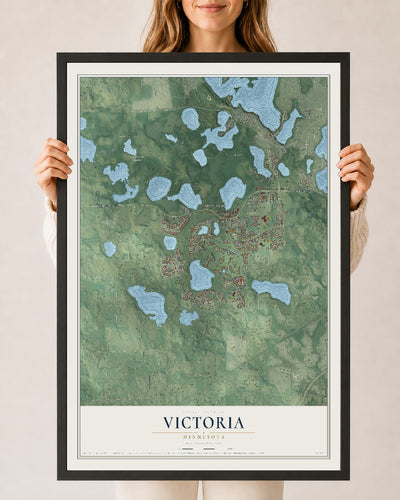 Map of Victoria, Minnesota, 24 x 36 inch print in a black wood frame
