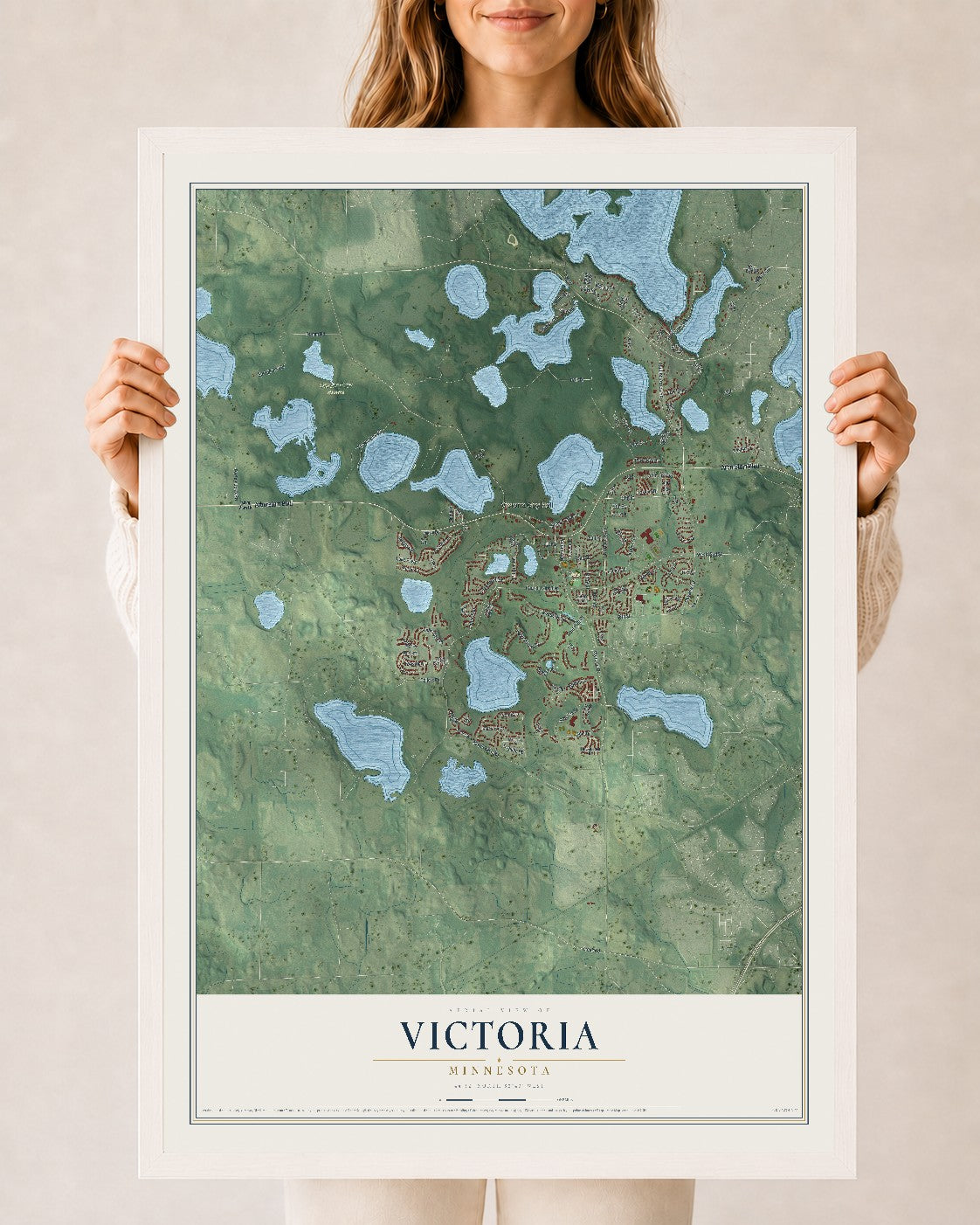 Map of Victoria, Minnesota, 24 x 36 inch print in a white wood frame