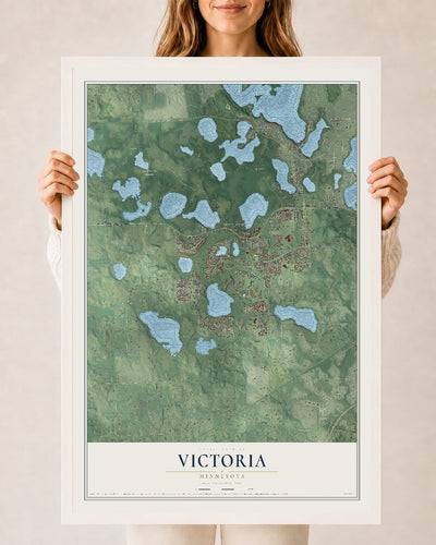 Map of Victoria, Minnesota, 24 x 36 inch print in a white wood frame