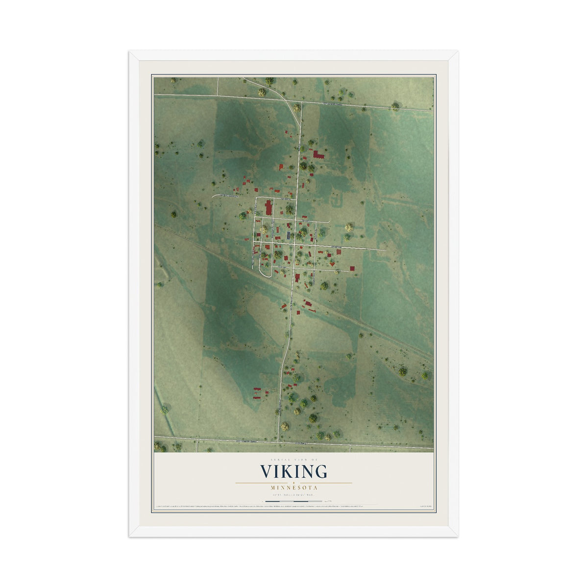 Map of Viking, Minnesota, 12 x 18 inch print in a white wood frame