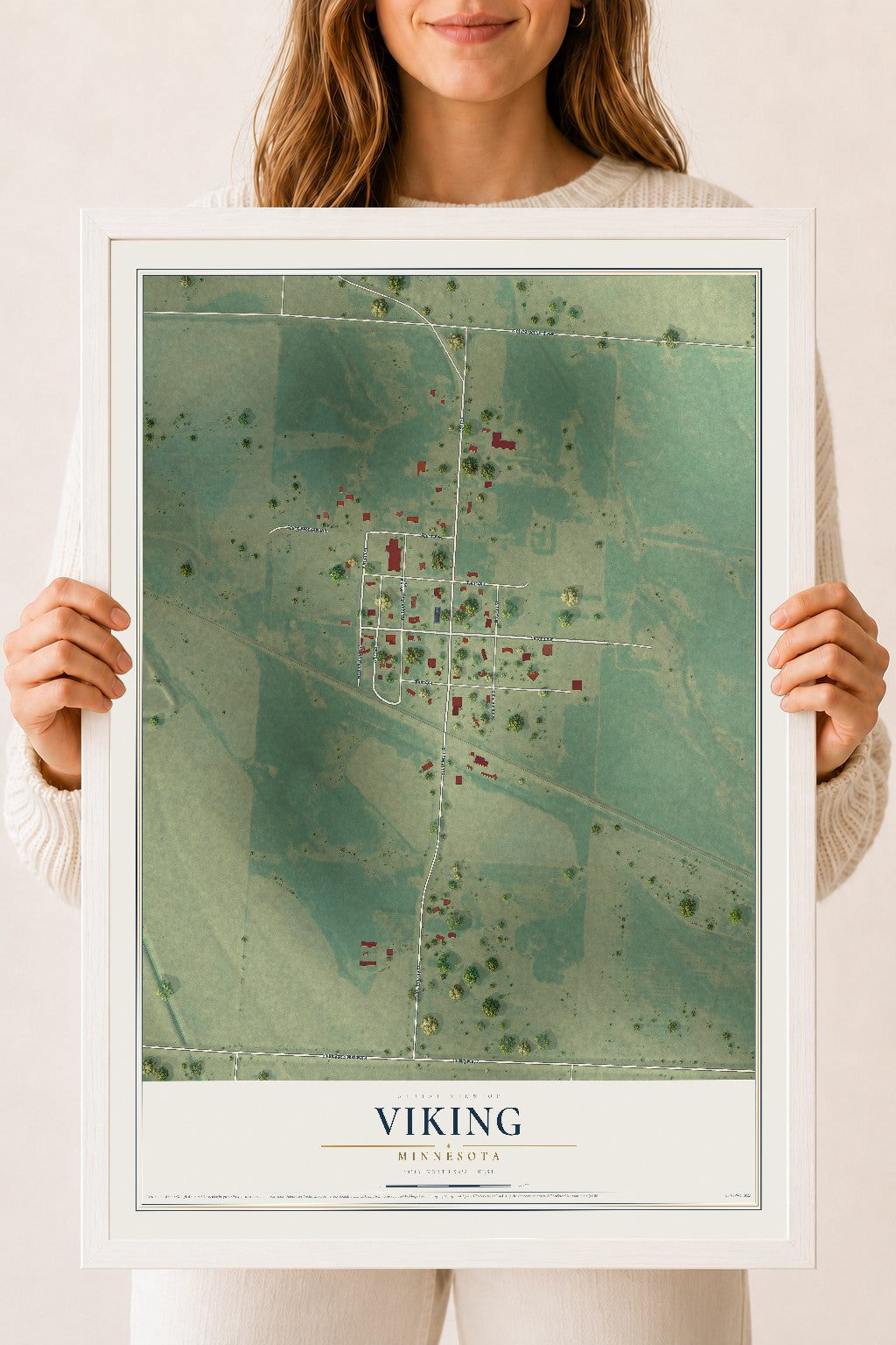 Map of Viking, Minnesota, 18 x 24 inch print in a white wood frame