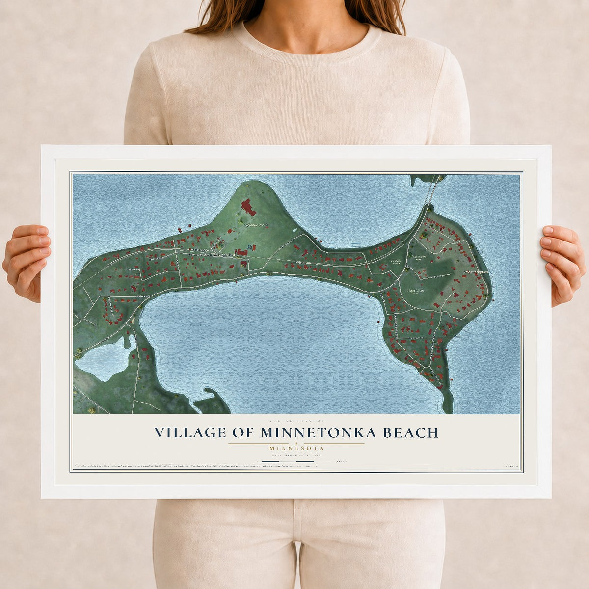 Map of the Village of Minnetonka Beach, Minnesota, 12 x 18 inch print in a white wood frame