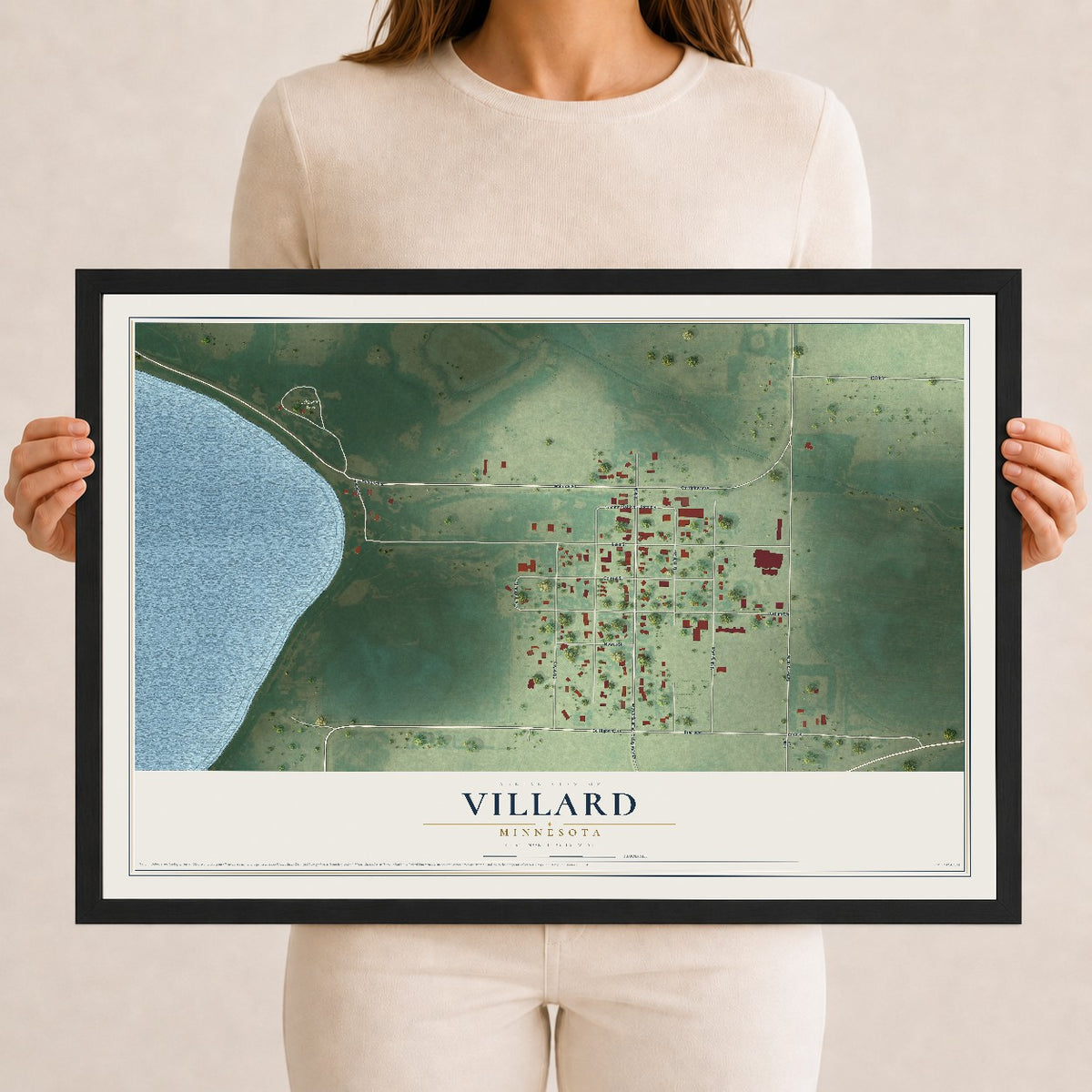 Map of Villard, Minnesota, 12 x 18 inch print in a black wood frame