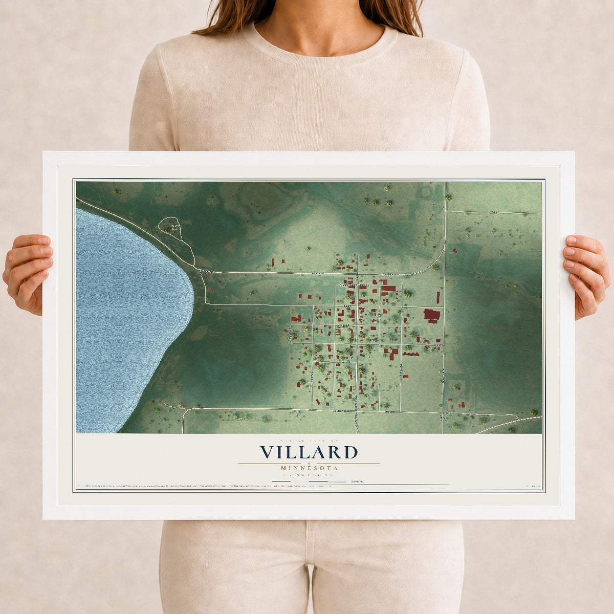 Map of Villard, Minnesota, 12 x 18 inch print in a white wood frame
