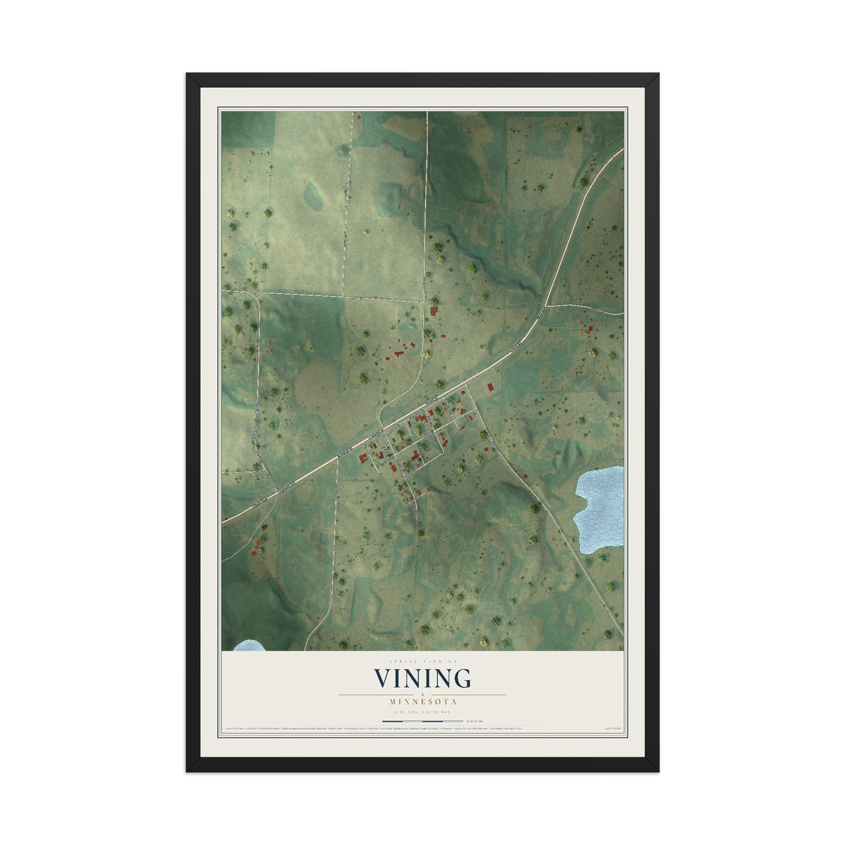 Map of Vining, Minnesota, 12 x 18 inch print in a black wood frame