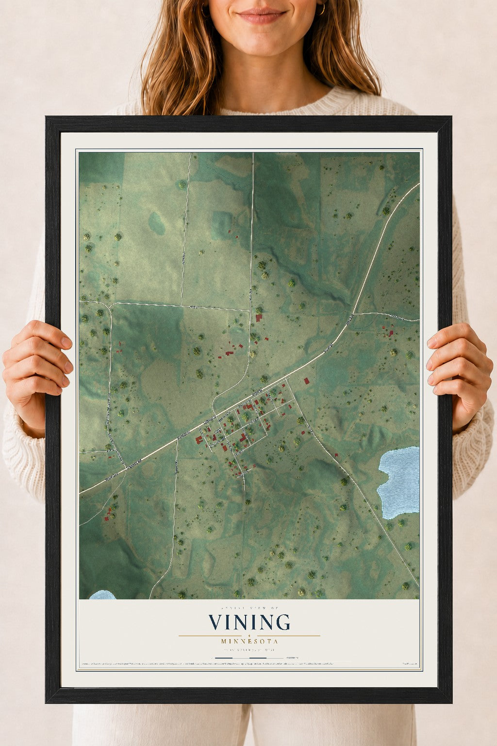 Map of Vining, Minnesota, 18 x 24 inch print in a black wood frame