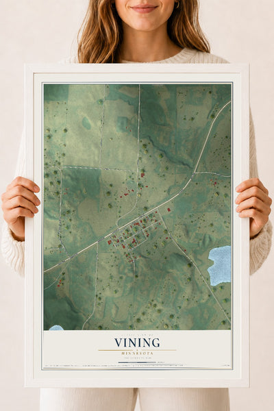 Map of Vining, Minnesota, 18 x 24 inch print in a white wood frame