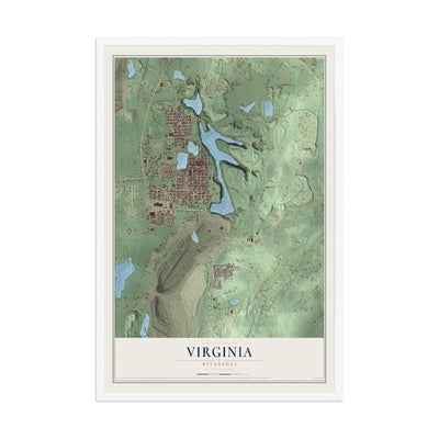 Map of Virginia, Minnesota, 12 x 18 inch print in a white wood frame