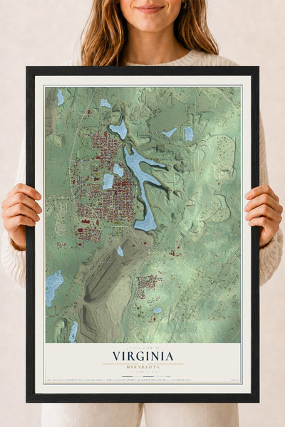 Map of Virginia, Minnesota, 18 x 24 inch print in a black wood frame