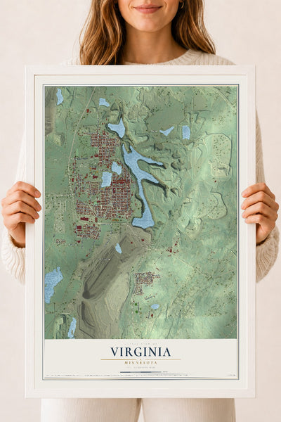 Map of Virginia, Minnesota, 18 x 24 inch print in a white wood frame