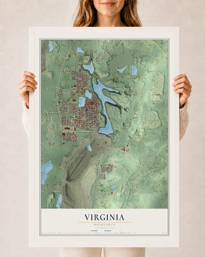 Map of Virginia, Minnesota, 24 x 36 inch print in a white wood frame