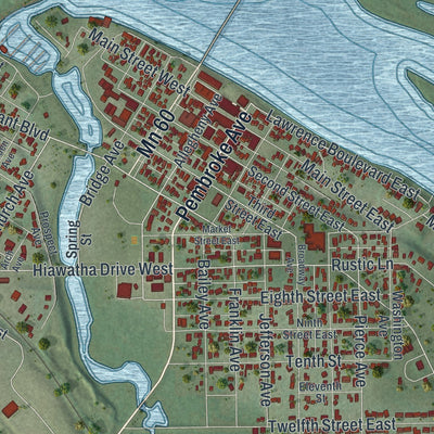 Close-up of the map of Wabasha, Minnesota print showing street and building detail