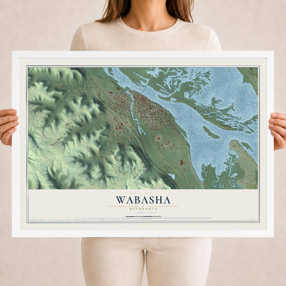 Map of Wabasha, Minnesota, 18 x 24 inch print in a white wood frame