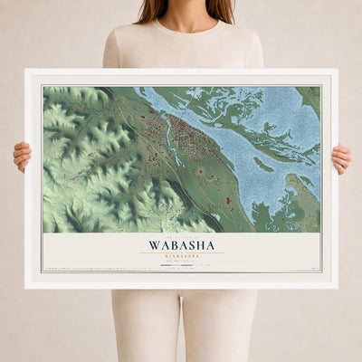Map of Wabasha, Minnesota, 24 x 36 inch print in a white wood frame