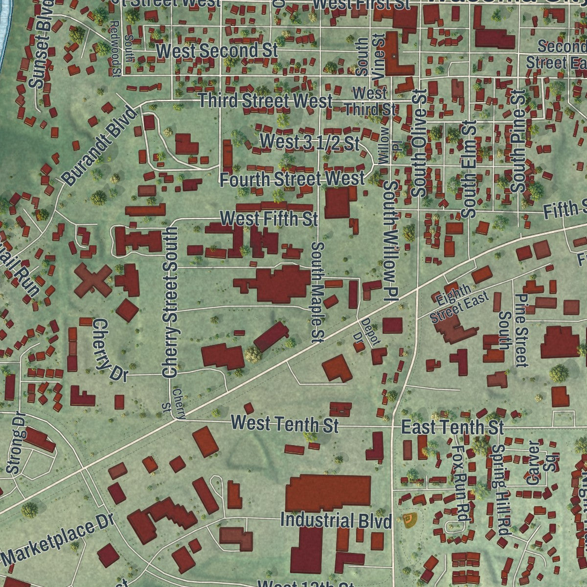 Close-up of the map of Waconia, Minnesota print showing street and building detail