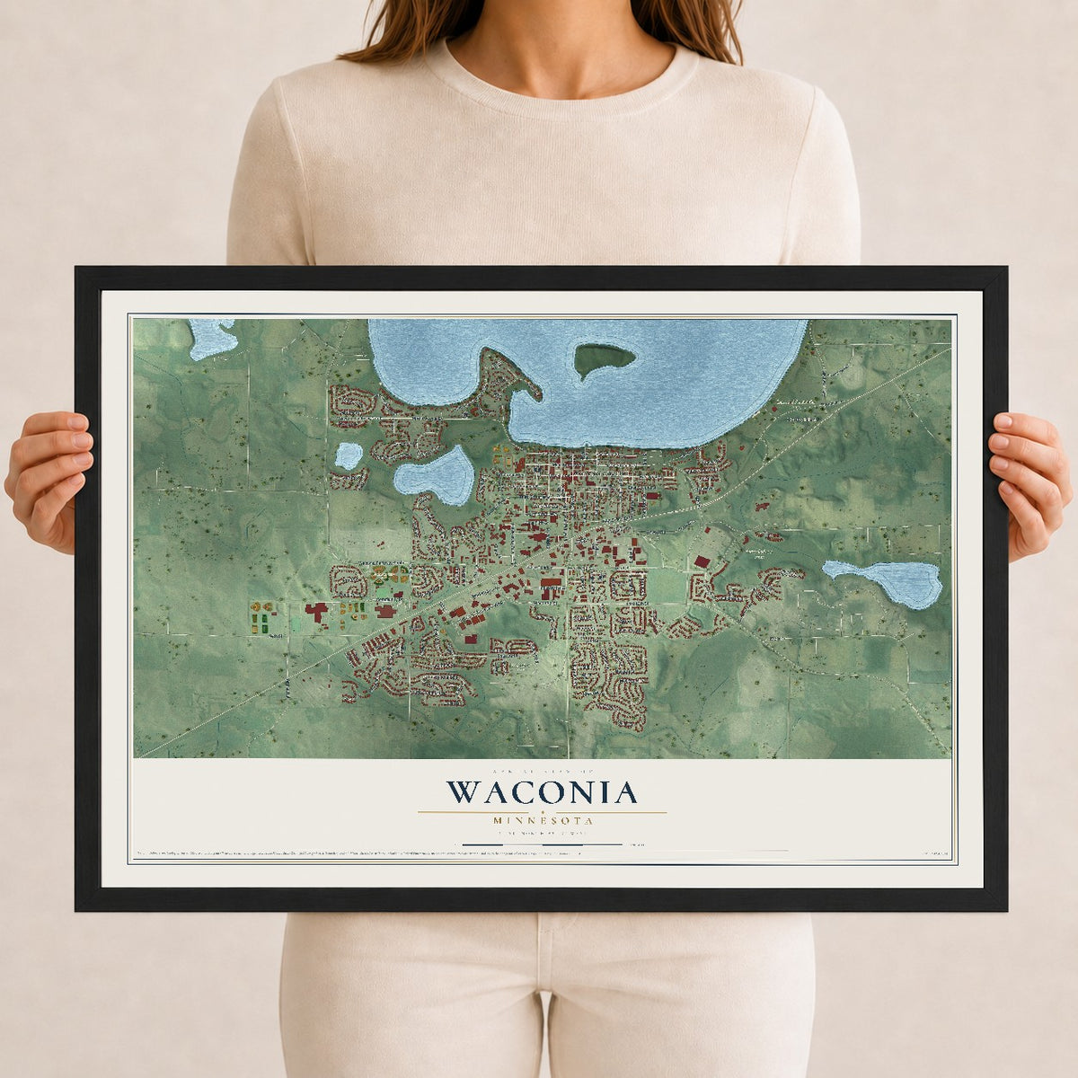 Map of Waconia, Minnesota, 12 x 18 inch print in a black wood frame