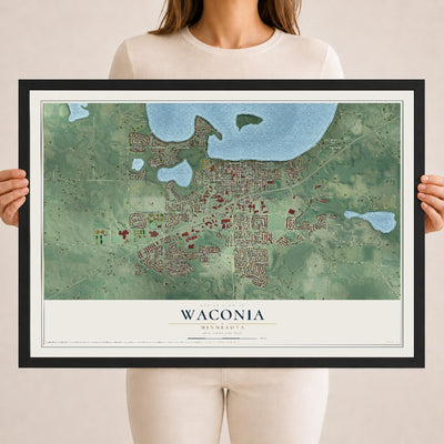 Map of Waconia, Minnesota, 18 x 24 inch print in a black wood frame