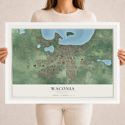 Map of Waconia, Minnesota, 18 x 24 inch print in a white wood frame