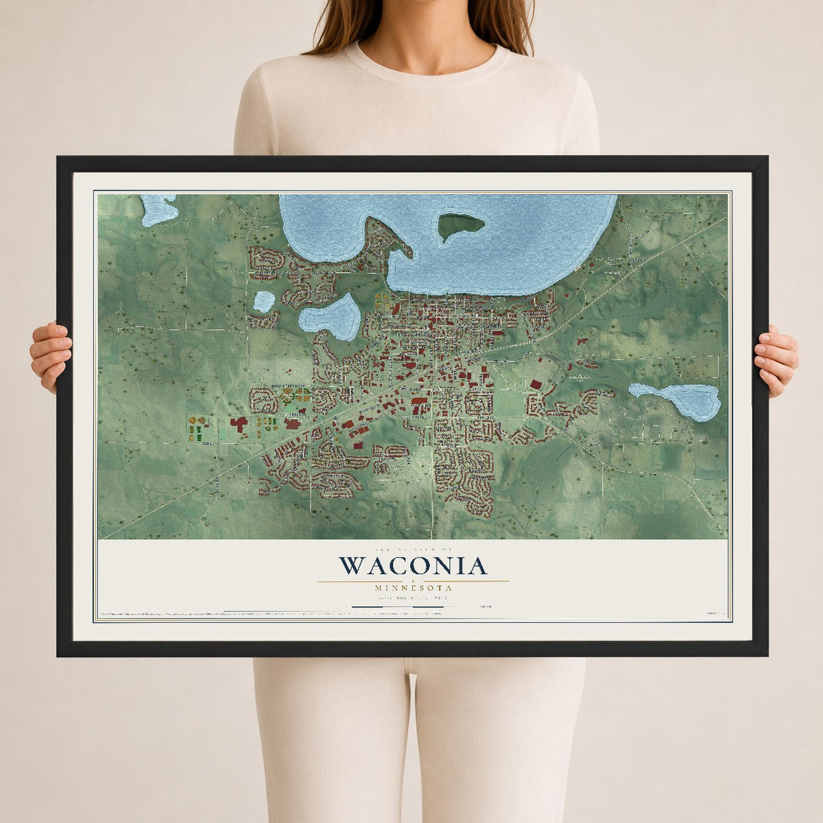 Map of Waconia, Minnesota, 24 x 36 inch print in a black wood frame