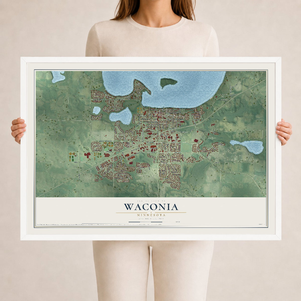 Map of Waconia, Minnesota, 24 x 36 inch print in a white wood frame