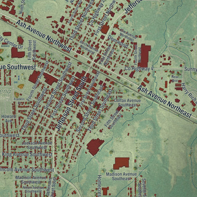 Close-up of the map of Wadena, Minnesota print showing street and building detail
