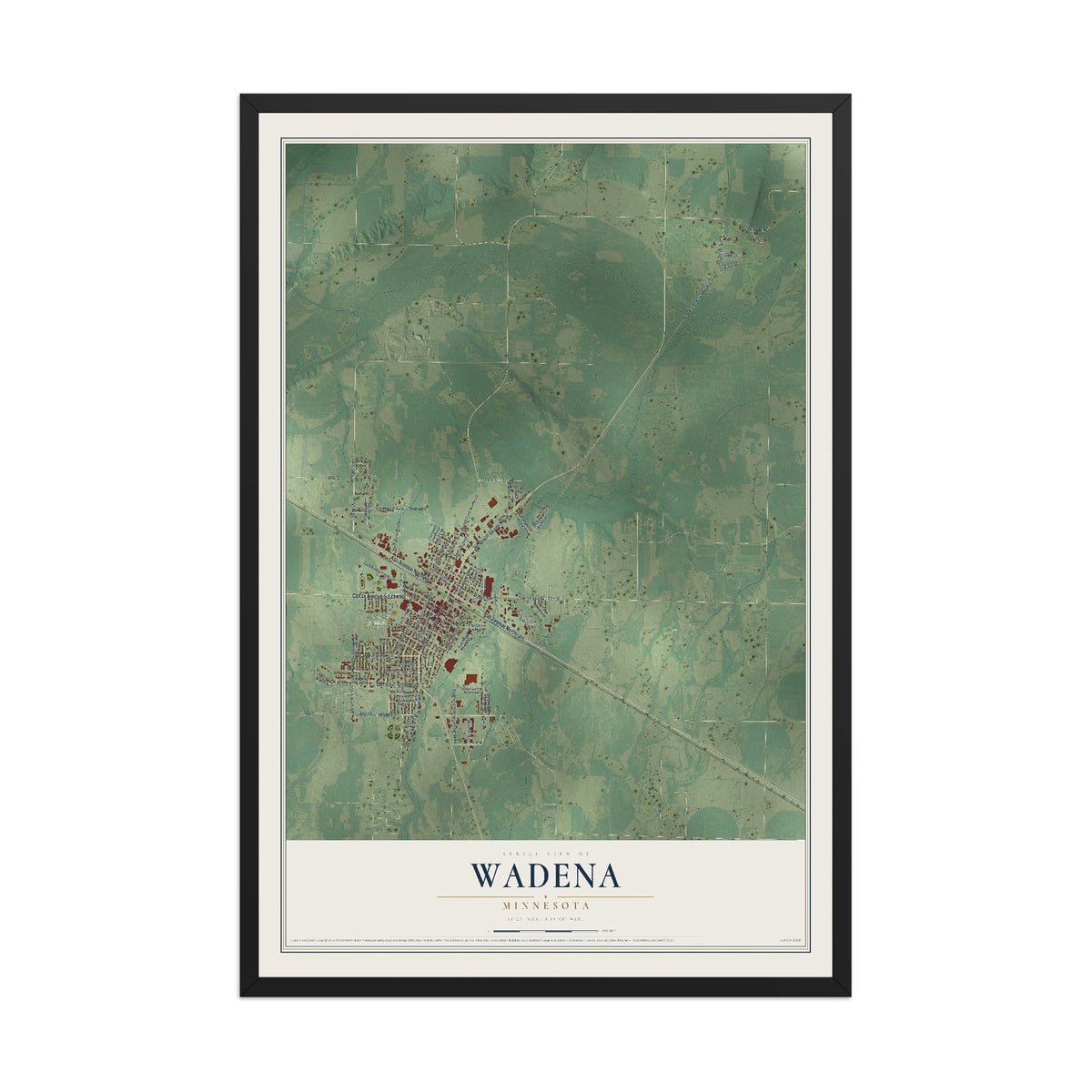 Map of Wadena, Minnesota, 12 x 18 inch print in a black wood frame