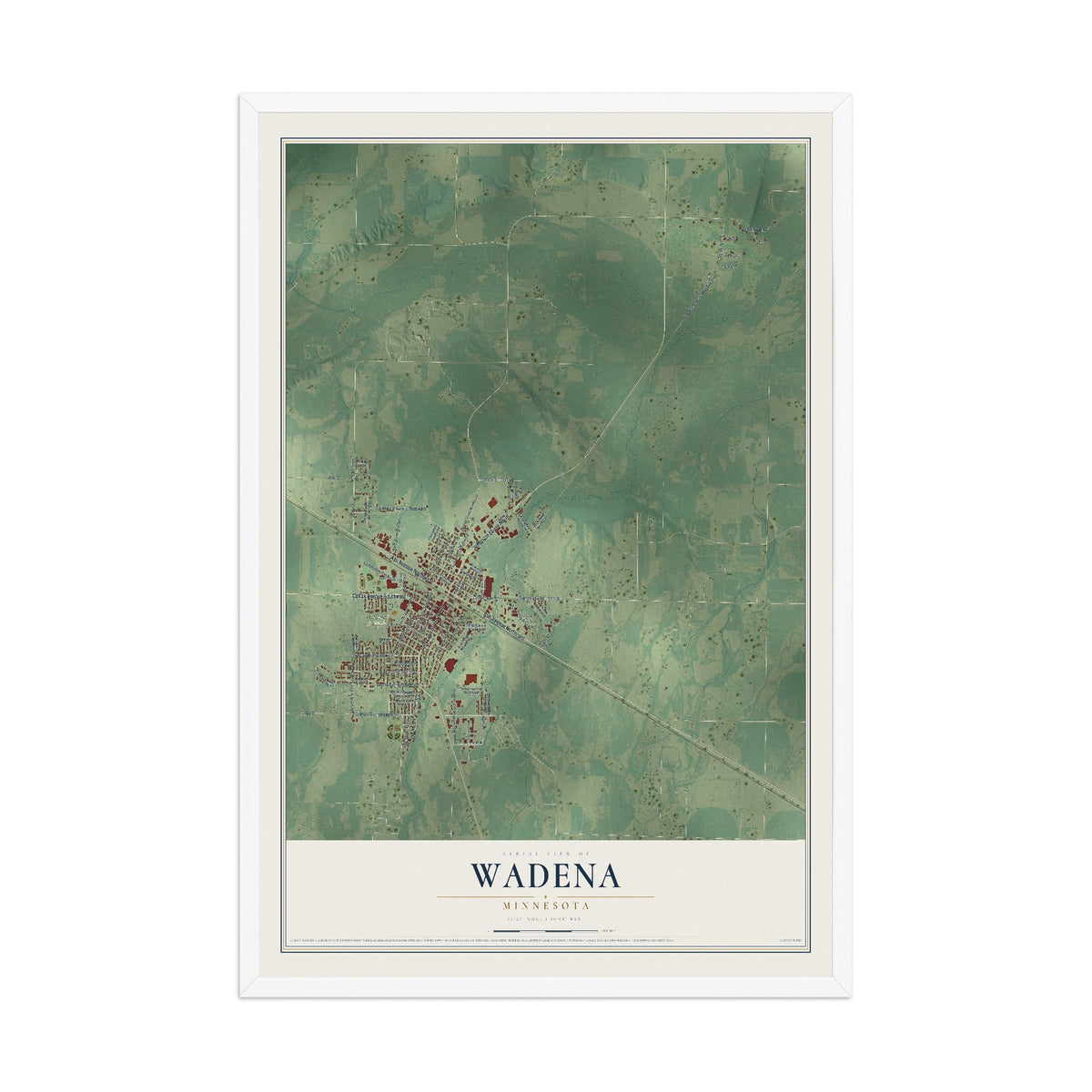 Map of Wadena, Minnesota, 12 x 18 inch print in a white wood frame