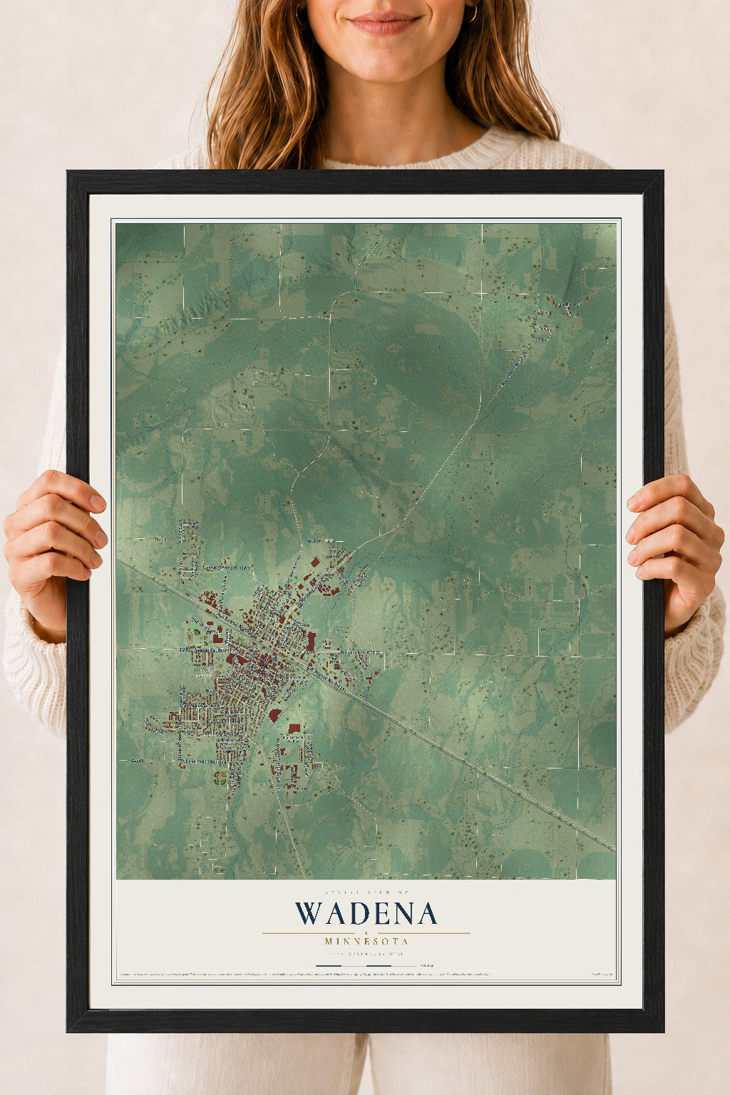 Map of Wadena, Minnesota, 18 x 24 inch print in a black wood frame